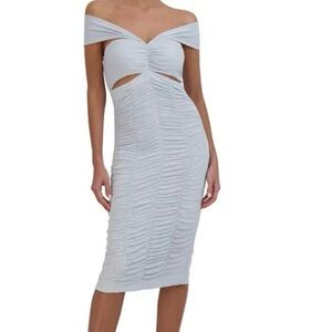 BCBGMaxAzria Off-Shoulder Ruched White Midi Dress
